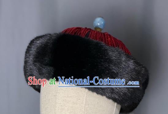 China Qing Dynasty Official Headdress Ancient Minister Winter Hat Traditional Manchu Royal Highness Headwear for Men