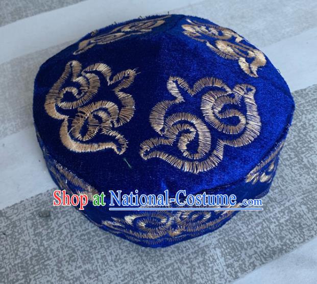 Chinese Kazak Nationality Dance Blue Pleuche Hat Xinjiang Kazakh Minority Male Headdress Ethnic Stage Performance Headwear