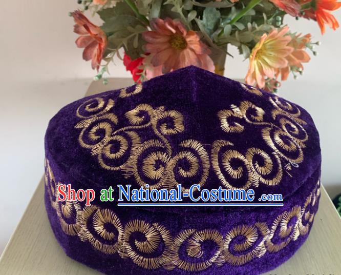 Chinese Xinjiang Kazakh Minority Male Headdress Ethnic Stage Performance Headwear Kazak Nationality Dance Purple Pleuche Hat