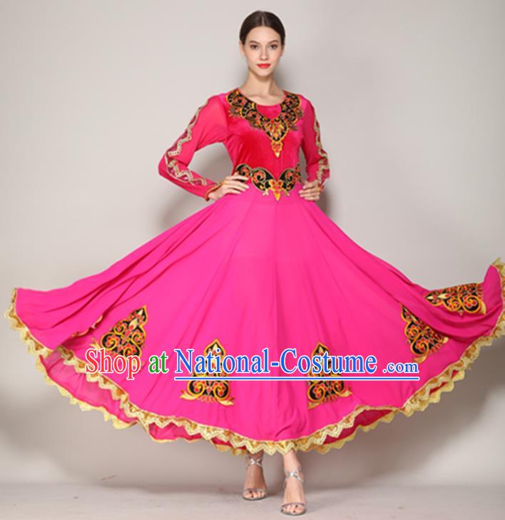 Chinese Ethnic Garment Costume Uyghur Nationality Stage Performance Rosy Dress Xinjiang Uighur Minority Dance Clothing