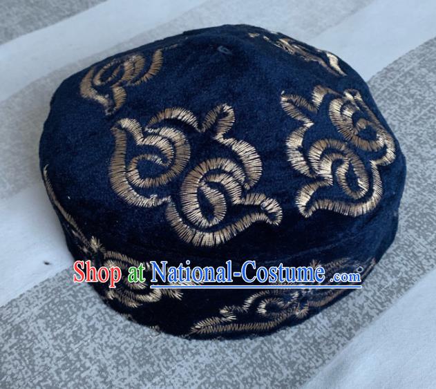 Chinese Ethnic Stage Performance Headwear Kazak Nationality Dance Navy Pleuche Hat Xinjiang Kazakh Minority Male Headdress