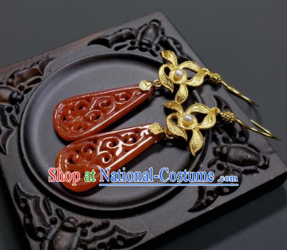 Handmade Chinese Agate Ear Accessories National Golden Orchid Earrings Traditional Cheongsam Ear Jewelry Qing Dynasty Court Eardrop