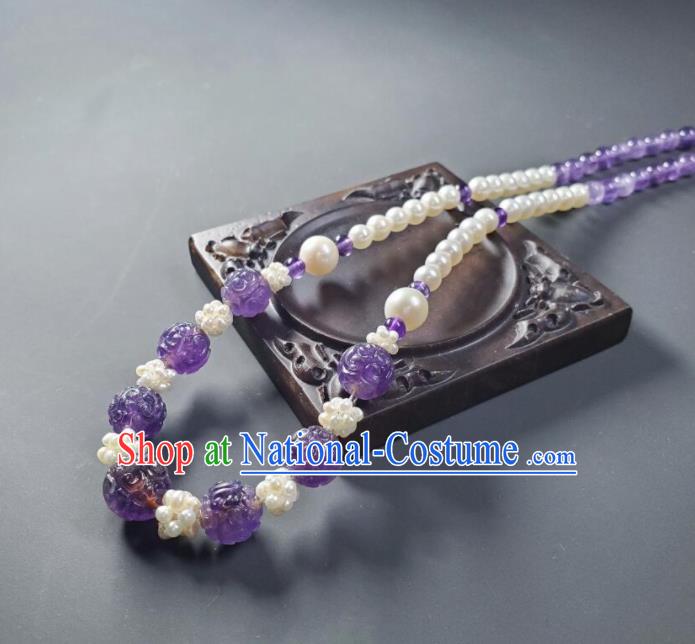 China Handmade Amethyst Jewelry Ancient Palace Lady Necklace Accessories Qing Dynasty Empress Pearls Necklet