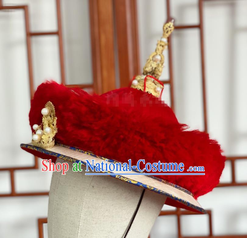 China Qing Dynasty Majesty Lord Headdress Ancient Emperor Pearls Hat Traditional Manchu King Kangxi Headwear for Men