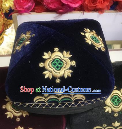 Chinese Uyghur Nationality Square Hat Uighur Minority Performance Headdress Xinjiang Ethnic Male Embroidered Navy Pleuche Headwear