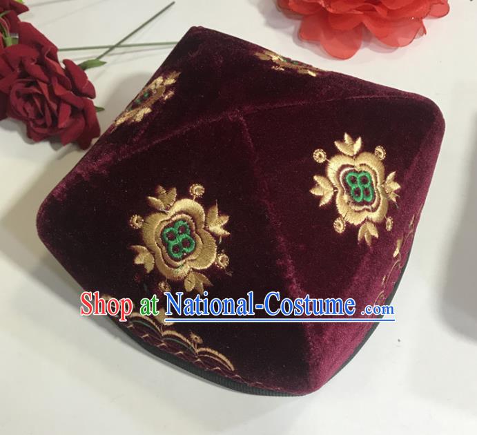 Chinese Xinjiang Ethnic Male Embroidered Wine Red Pleuche Headwear Uyghur Nationality Square Hat Uighur Minority Performance Headdress