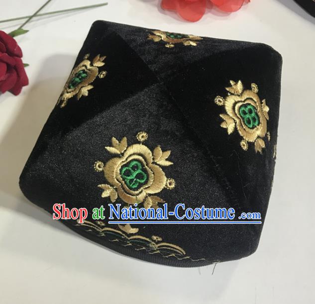 Chinese Uighur Minority Performance Headdress Xinjiang Ethnic Male Embroidered Black Pleuche Headwear Uyghur Nationality Square Hat