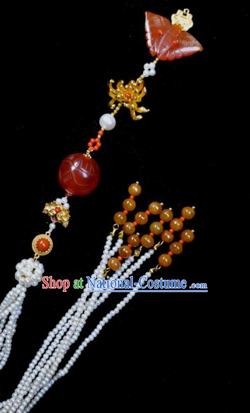 Chinese Ancient Empress Beads Tassel Brooch Traditional Agate Butterfly Pendant Qing Dynasty Court Woman Pearls Jewelry