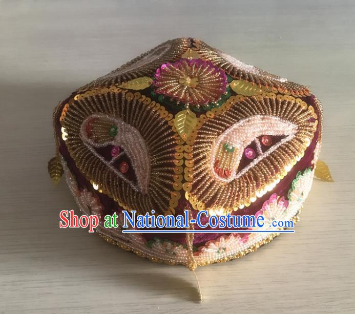 China Uighur Minority Stage Performance Sequins Headdress Xinjiang Ethnic Female Purple Hat Uyghur Nationality Dance Headwear