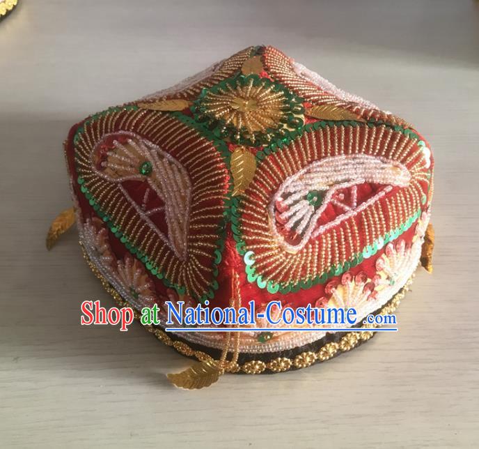 China Xinjiang Ethnic Female Red Hat Uyghur Nationality Dance Headwear Uighur Minority Stage Performance Sequins Headdress