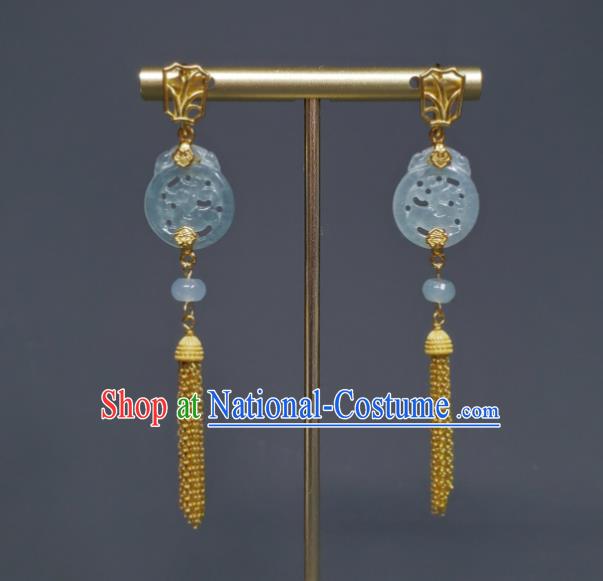 Handmade Chinese Qing Dynasty Court Eardrop Golden Tassel Ear Accessories National Jade Earrings Traditional Cheongsam Ear Jewelry