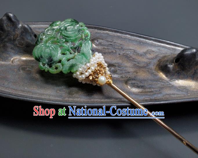 Chinese Traditional Qipao Dress Hair Accessories Handmade Qing Dynasty Court Woman Jade Butterfly Hair Stick Ancient Imperial Consort Pearls Hairpin