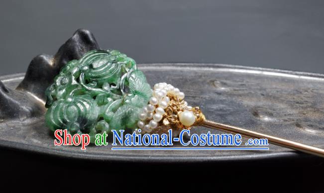 Chinese Traditional Qipao Dress Hair Accessories Handmade Qing Dynasty Court Woman Jade Butterfly Hair Stick Ancient Imperial Consort Pearls Hairpin