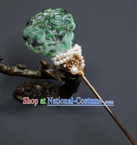 Chinese Traditional Qipao Dress Hair Accessories Handmade Qing Dynasty Court Woman Jade Butterfly Hair Stick Ancient Imperial Consort Pearls Hairpin