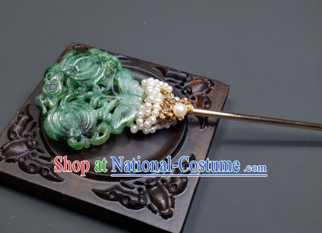 Chinese Traditional Qipao Dress Hair Accessories Handmade Qing Dynasty Court Woman Jade Butterfly Hair Stick Ancient Imperial Consort Pearls Hairpin