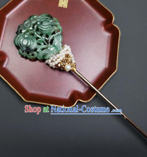 Chinese Traditional Qipao Dress Hair Accessories Handmade Qing Dynasty Court Woman Jade Butterfly Hair Stick Ancient Imperial Consort Pearls Hairpin