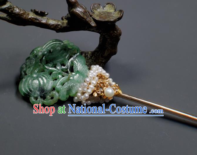 Chinese Traditional Qipao Dress Hair Accessories Handmade Qing Dynasty Court Woman Jade Butterfly Hair Stick Ancient Imperial Consort Pearls Hairpin