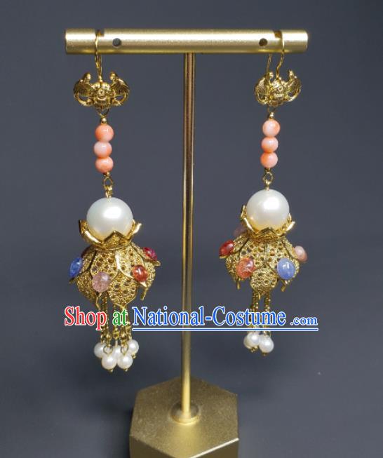 Handmade Chinese Qing Dynasty Eardrop Golden Lotus Lantern Ear Accessories National Pearls Tassel Earrings Traditional Cheongsam Ear Jewelry