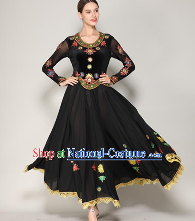 Chinese Uyghur Nationality Stage Performance Black Dress Xinjiang Uighur Minority Dance Clothing Ethnic Garment Costume