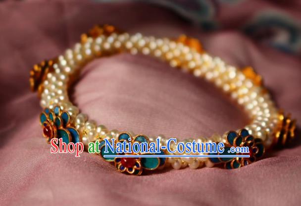 China Traditional Wristlet Accessories Handmade Qing Dynasty Empress Pearls Bangle Jewelry Ancient Imperial Consort Blueing Bracelet