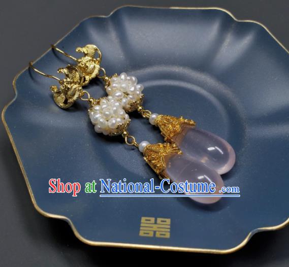 Handmade Chinese Traditional Cheongsam Ear Jewelry Qing Dynasty Eardrop Golden Bat Ear Accessories National Pearls Earrings