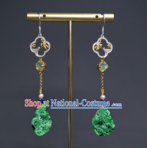 Handmade Chinese National Earrings Traditional Cheongsam Ear Jewelry Qing Dynasty Eardrop Jadeite Carving Ear Accessories