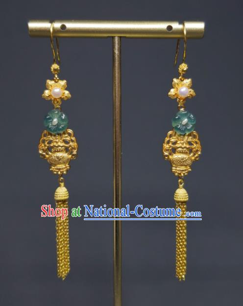 Handmade Chinese Golden Tassel Ear Accessories National Jadeite Earrings Traditional Cheongsam Ear Jewelry Qing Dynasty Eardrop