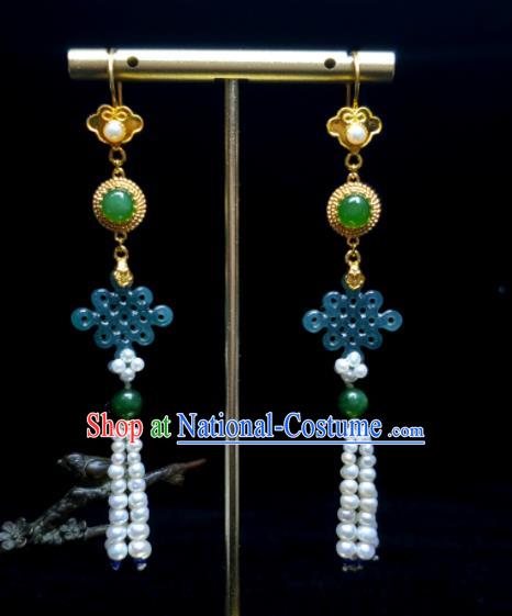 Handmade Chinese Qing Dynasty Eardrop Pearls Tassel Ear Accessories National Jadeite Earrings Traditional Cheongsam Ear Jewelry