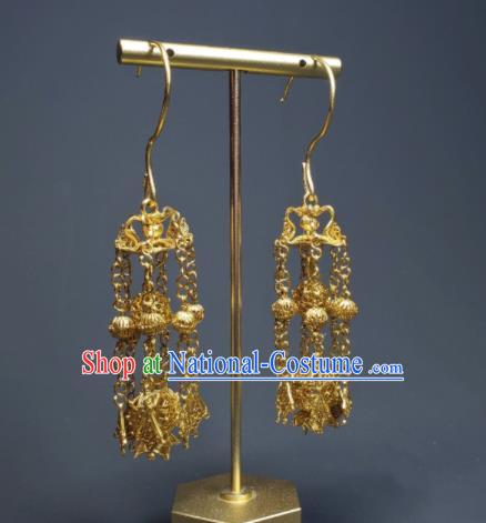 Handmade Chinese Traditional Ear Accessories National Golden Lantern Earrings Cheongsam Ear Jewelry Qing Dynasty Court Tassel Eardrop