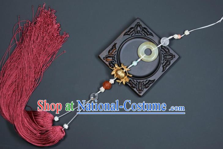 China Handmade Jade Ring Belt Jewelry Ancient Swordsman Wine Red Tassel Pendant Traditional Hanfu Waist Accessories