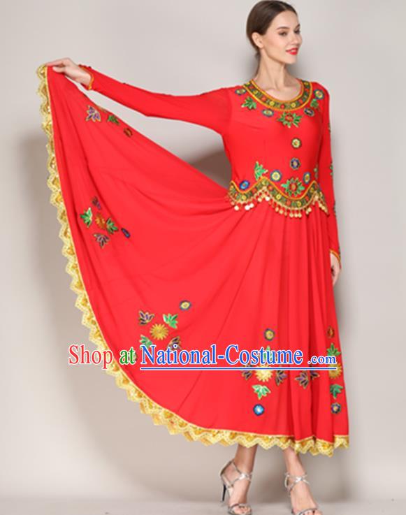 Chinese Xinjiang Uighur Minority Dance Clothing Ethnic Garment Costume Uyghur Nationality Stage Performance Red Dress