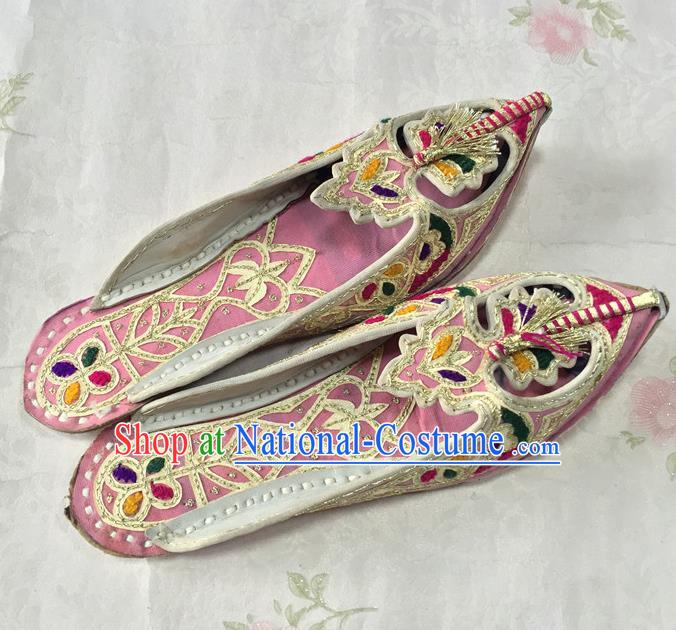 Handmade Asian Nepal Bride Shoes India Embroidery Pointed Shoes Female Pink Leather Slippers Indian Wedding Bride Shoes