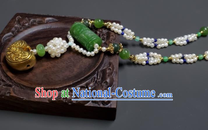 China Handmade Golden Longevity Lock Jewelry Ancient Imperial Consort Jade Necklace Accessories Qing Dynasty Empress Pearls Necklet