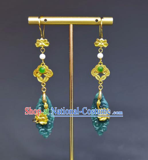 Handmade Chinese National Jadeite Earrings Cheongsam Ear Jewelry Golden Lotus Eardrop Traditional Silver Ear Accessories