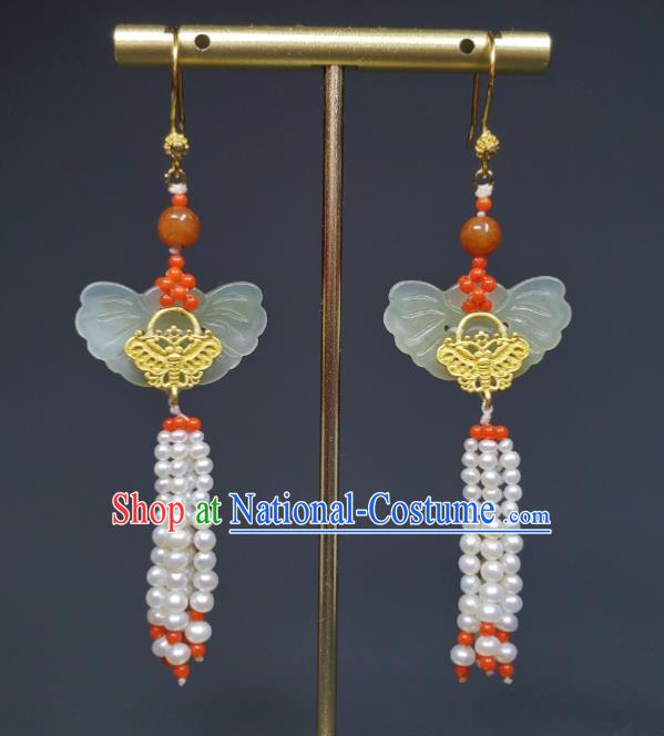 Handmade Chinese Traditional Jade Butterfly Ear Accessories National Pearls Tassel Earrings Cheongsam Ear Jewelry Qing Dynasty Imperial Consort Eardrop