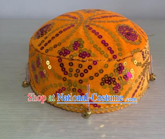 Chinese Uyghur Nationality Dance Yellow Hat Uighur Minority Performance Sequins Headdress Xinjiang Ethnic Male Headpiece