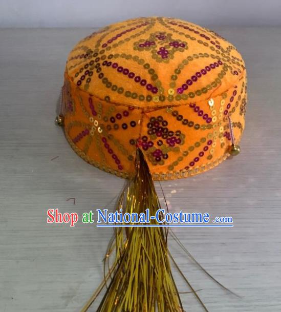 Chinese Uyghur Nationality Dance Yellow Hat Uighur Minority Performance Sequins Headdress Xinjiang Ethnic Male Headpiece