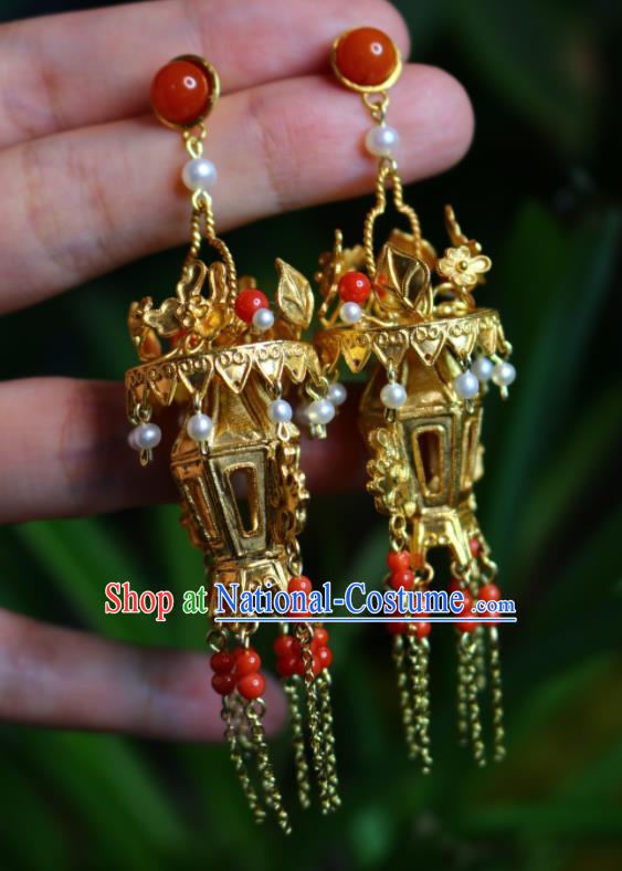 Handmade Chinese National Golden Lantern Earrings Cheongsam Ear Jewelry Qing Dynasty Court Eardrop Traditional Silver Ear Accessories