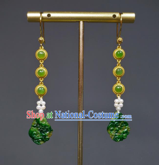 Handmade Chinese Traditional Ear Accessories National Jadeite Carving Earrings Cheongsam Ear Jewelry Silver Eardrop