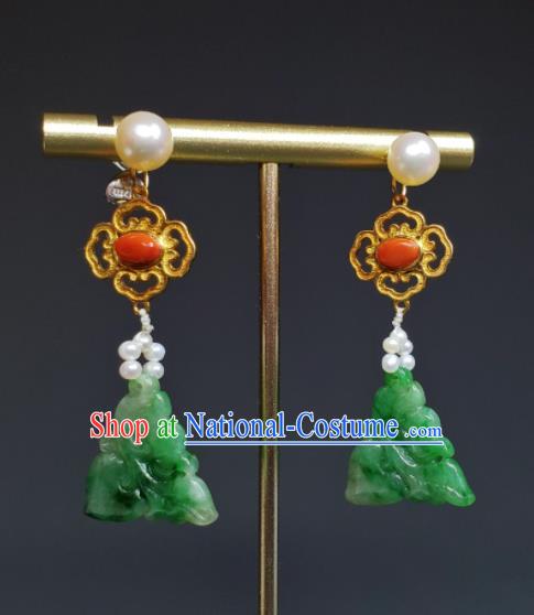 Handmade Chinese Coral Eardrop Traditional Ear Accessories National Jadeite Carving Earrings Cheongsam Ear Jewelry