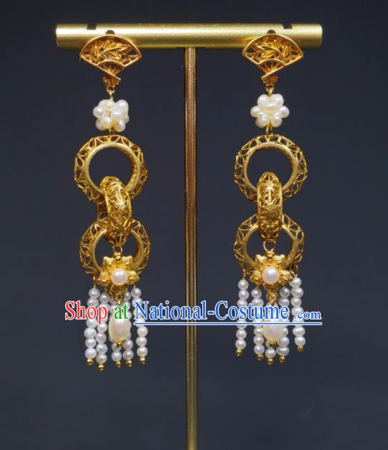 Handmade Chinese Cheongsam Ear Jewelry Qing Dynasty Empress Eardrop Traditional Pearls Tassel Ear Accessories National Golden Rings Earrings