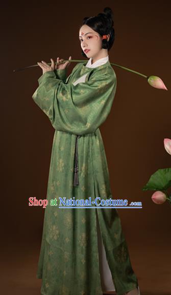 China Tang Dynasty Historical Clothing Ancient Swordsman Garment Costume Traditional Civilian Hanfu Green Round Collar Robe