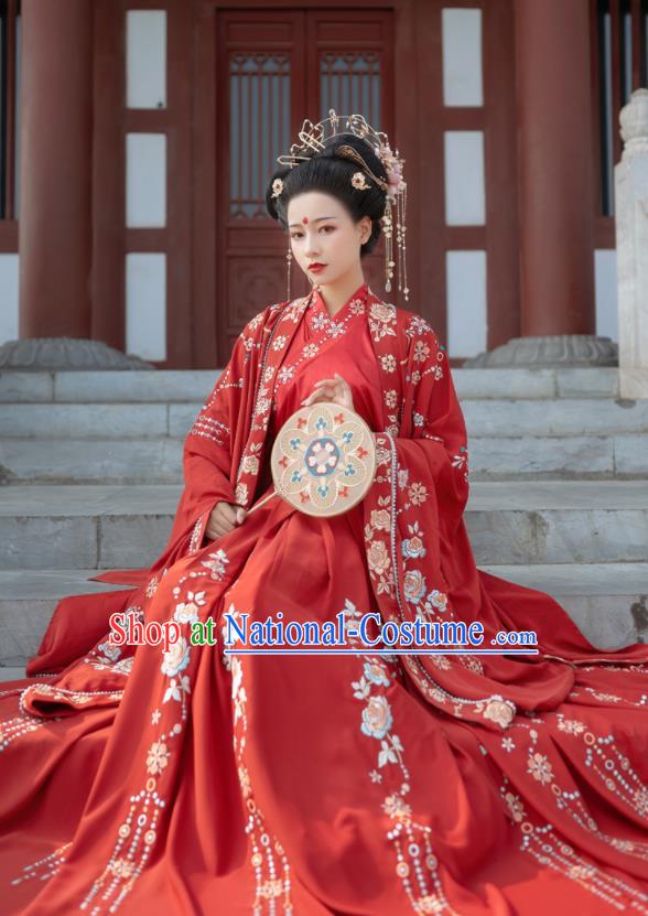 China Han Dynasty Royal Princess Historical Clothing Ancient Wedding Garment Costumes Traditional Court Beauty Embroidery Red Hanfu Dresses