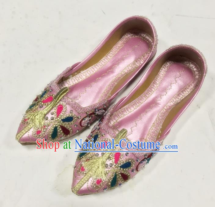 Handmade India Wedding Bride Shoes Folk Dance Shoes Asian Female Embroidered Shoes Indian Dance Pink Leather Shoes