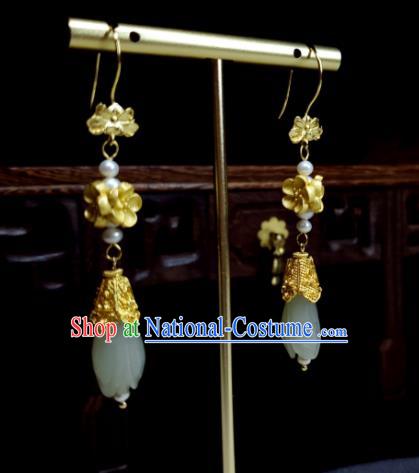 Handmade Chinese Cheongsam Ear Accessories National Jade Mangnolia Earrings Traditional Ear Jewelry Qing Dynasty Court Woman Eardrop