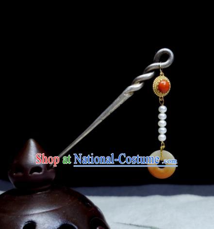 Chinese Traditional Silver Hair Accessories Handmade Qing Dynasty Imperial Consort Hair Stick Ancient Empress Agate Tassel Hairpin