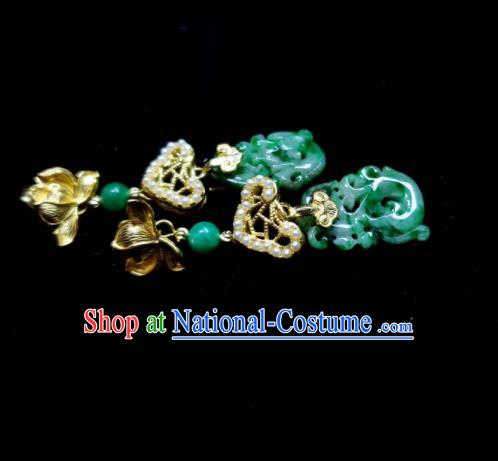 Handmade Chinese Qing Dynasty Court Woman Eardrop Cheongsam Ear Accessories National Jade Carving Dragon Earrings Traditional Lotus Ear Jewelry