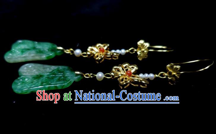 Handmade Chinese Cheongsam Jadeite Ear Accessories National Golden Butterfly Earrings Traditional Ear Jewelry Qing Dynasty Qipao Eardrop