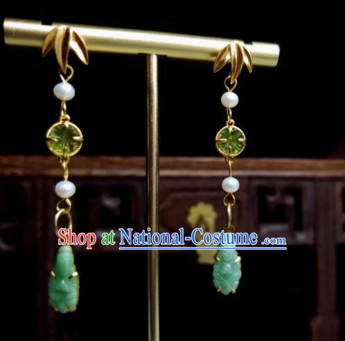 Handmade Chinese National Jadeite Earrings Traditional Ear Jewelry Golden Bamboo Leaf Eardrop Cheongsam Ear Accessories