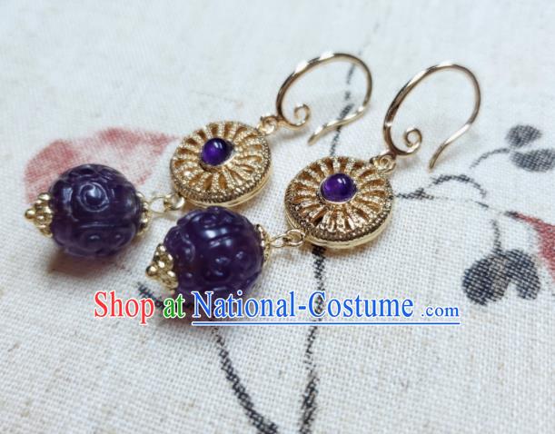 Handmade Chinese Traditional Amethyst Eardrop Cheongsam Ear Jewelry Ear Accessories National Golden Earrings